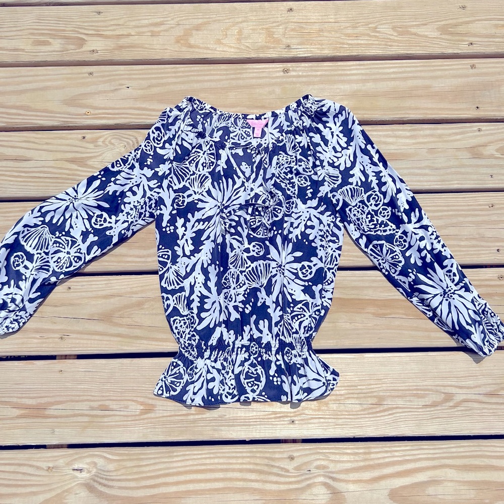 Lilly Pulitzer 100% Silk‎ Tricia Tie Neck Top Blouse XS Navy in the Groove